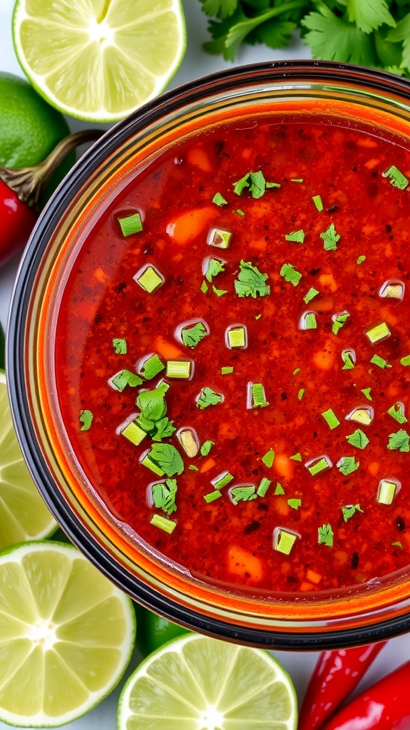 A bowl of chipotle lime marinade with limes and peppers around it.